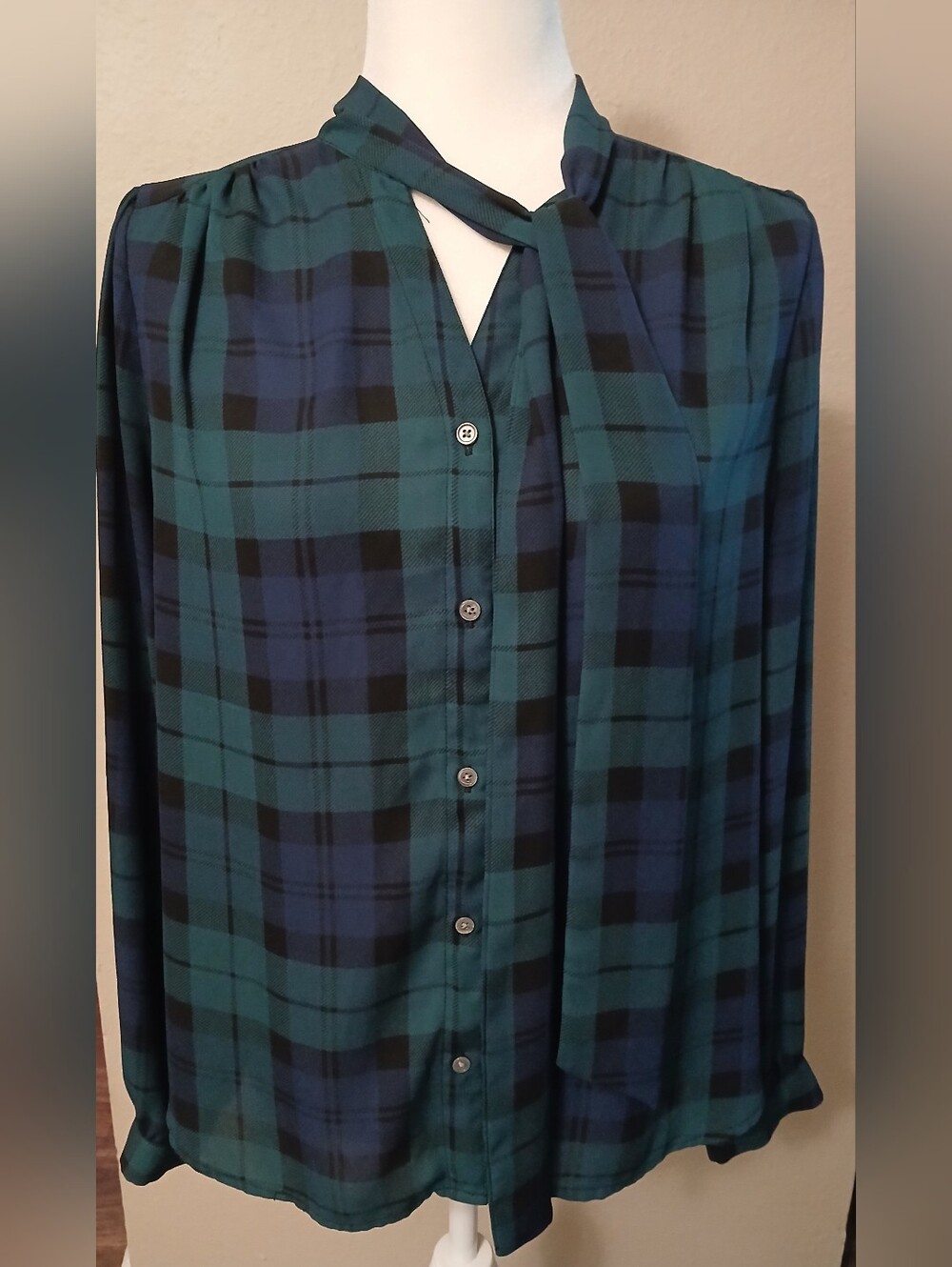 J. Crew Black Green and Navy Plaid Tie-Neck Button Up Blouse